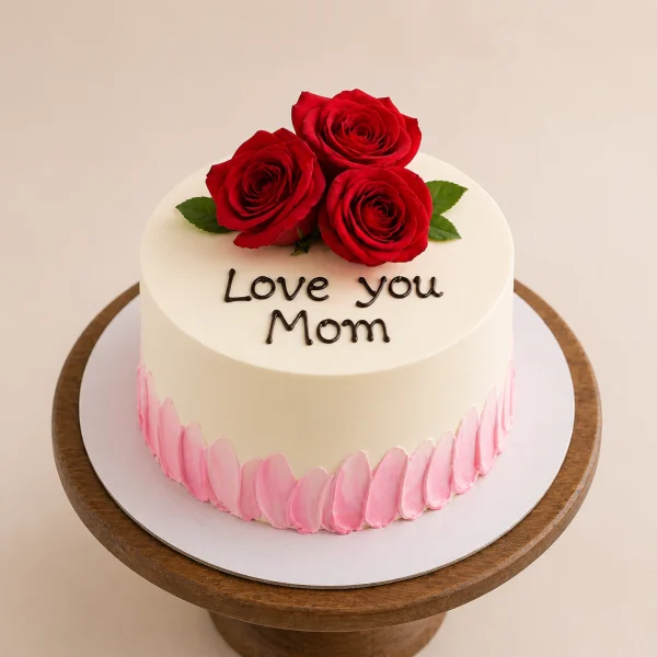 White cake with red roses on top and "Love you Mom" chocolate text