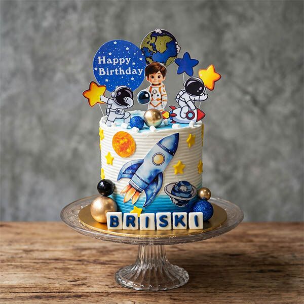 White and blue cream cake with "Happy Birthday" astronaut toppers and a rocket illustration.