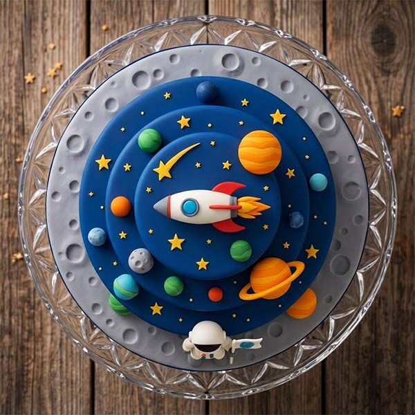 three-tier space galaxy cake top view