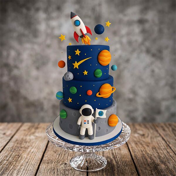 Premium three-tier space cake with rocket topper, planets, and 3D astronaut