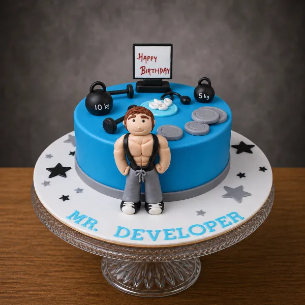 Blue fondant cake featuring a 3D muscular man figurine, kettlebells, weight plates, and Mr. Developer text.