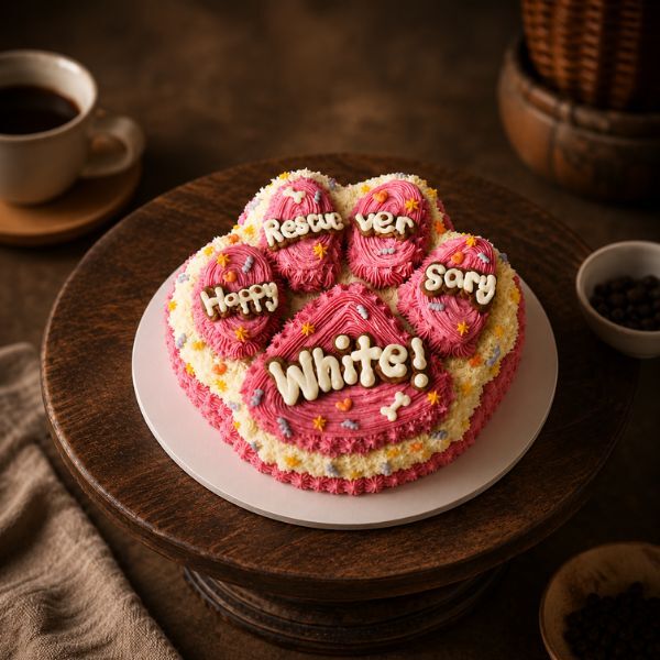Pink and white paw-shaped dog birthday cake with a message and colorful star sprinkles