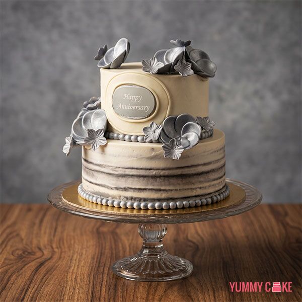 Two Tier Silver Floral Anniversary Cake
