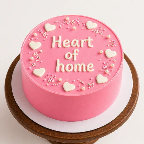 Pink minimalist cake with "Heart of home" text and white fondant hearts