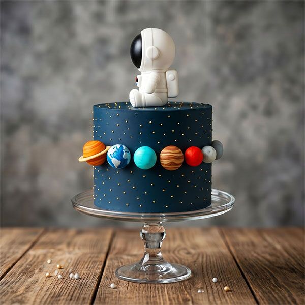 solar system galaxy cake with astronaut back view