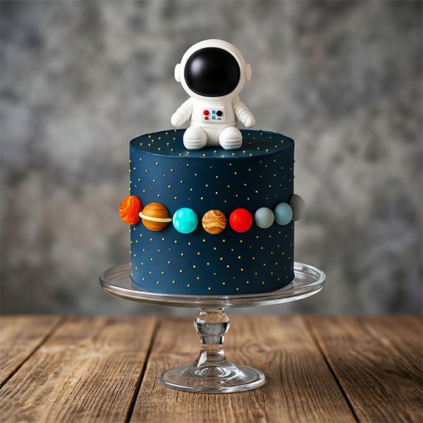 Dark blue galaxy cake with 3D astronaut topper and colorful solar system planets