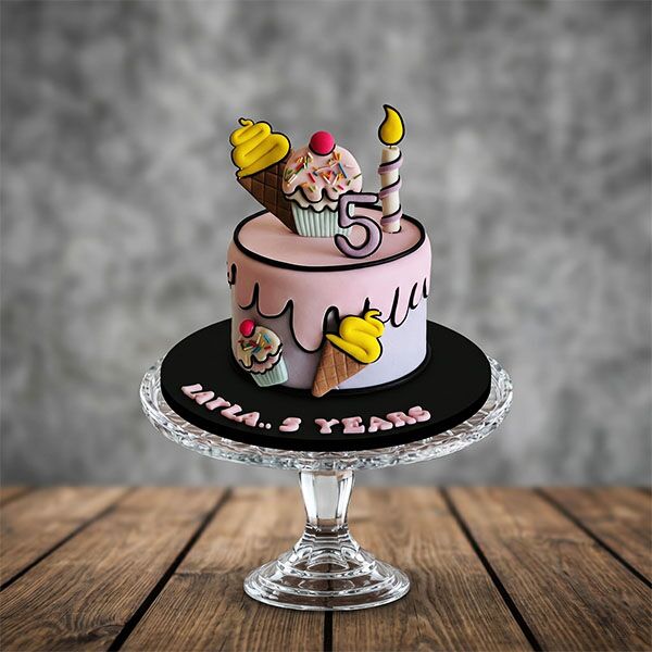 2D cartoon style pink drip cake with ice cream and cupcake toppers.