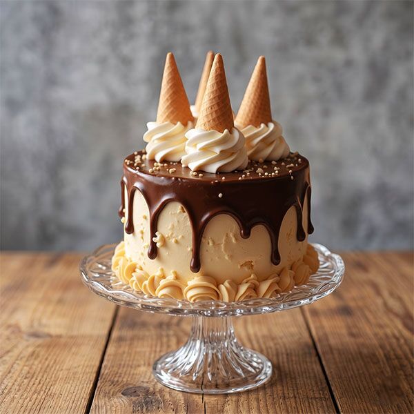 Caramel cake with dark chocolate drip, cream swirls, and waffle cones.