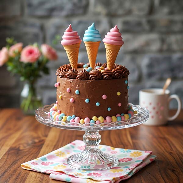 Chocolate frosted cake with pastel candies and three ice cream cones on top.