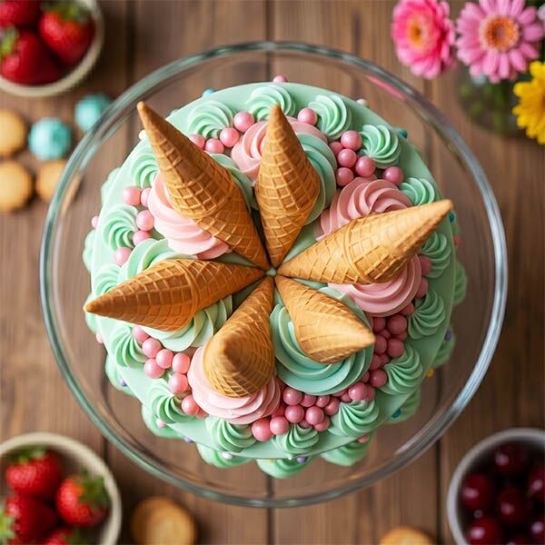 mint cone sprinkle ice cream cake top view