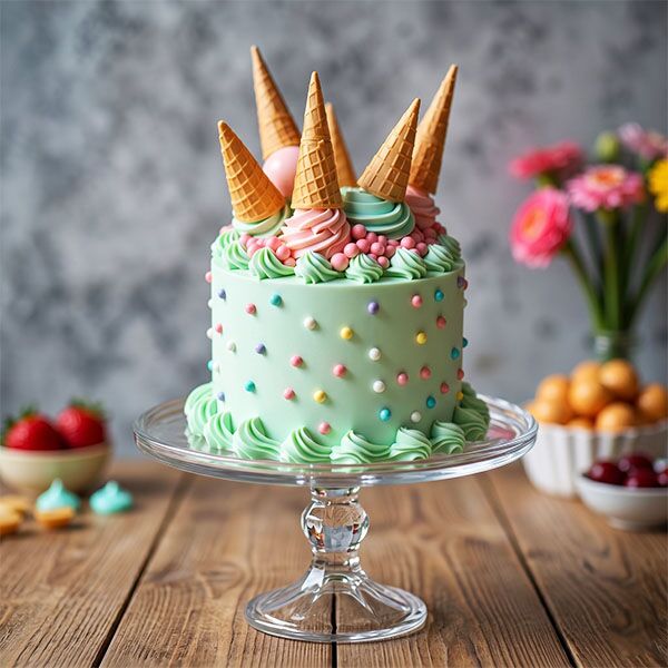 Mint green cake decorated with colorful sprinkles and upside-down waffle cones.