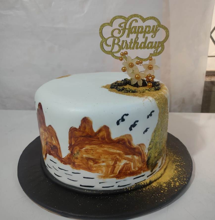 landscape painting cake with birthday topper