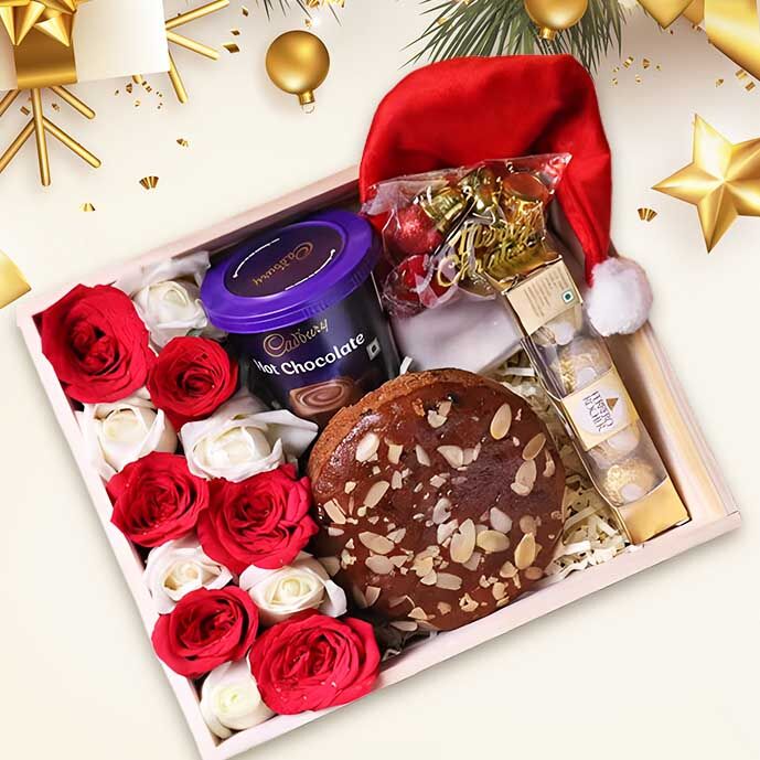 Elegant Christmas Cake & Roses Hamper