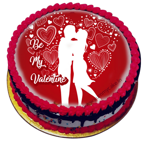 A Valentine's Day themed cake with heart designs and "Be My Valentine" text