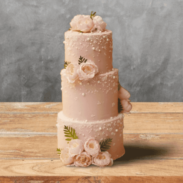A three-tiered pink wedding cake decorated with white pearls and pink peony flowers.